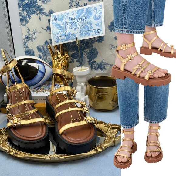 🆕 MARC JACOBS 🧿 NWOB The Daisy Gold Buckle Black Lug Sole Sandals, Sz 9M - Picture 1 of 16